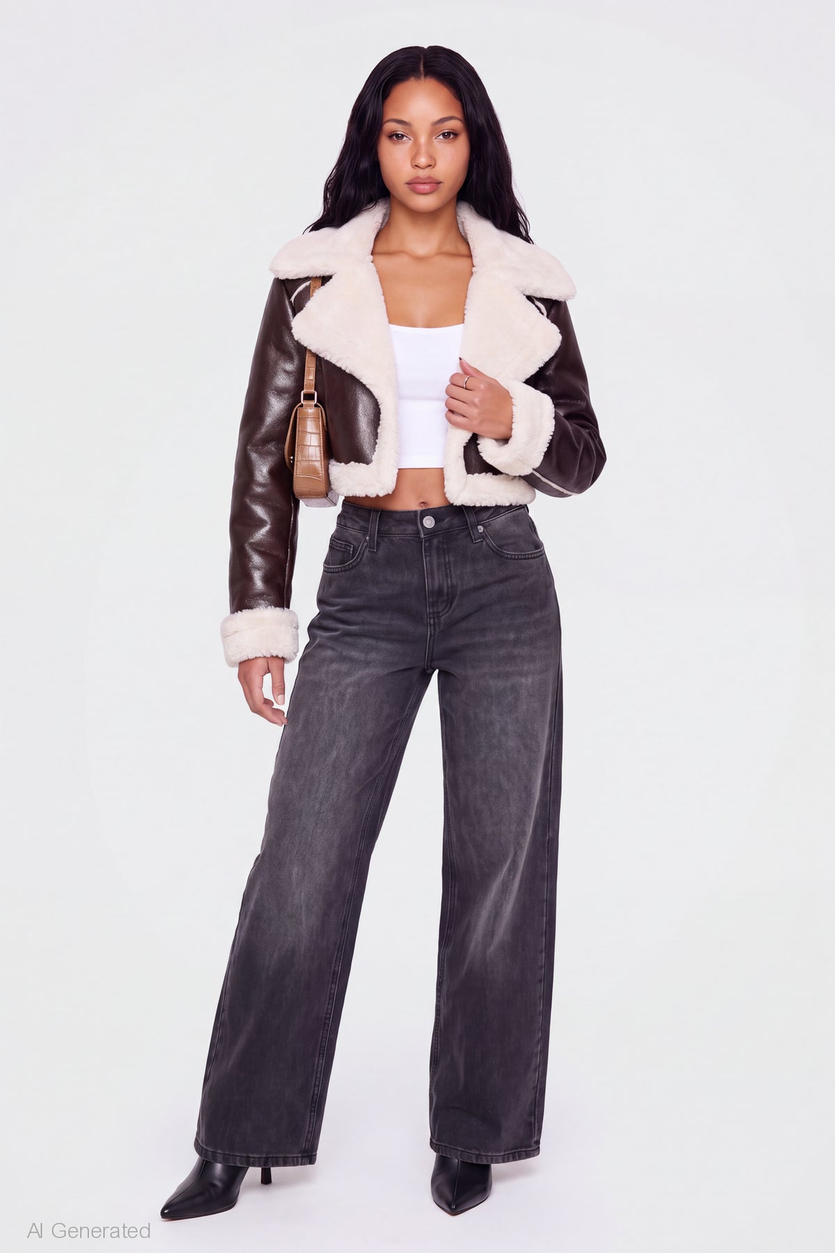 Alt View 3. Sherpa Trim Faux Leather Jacket - Brown
