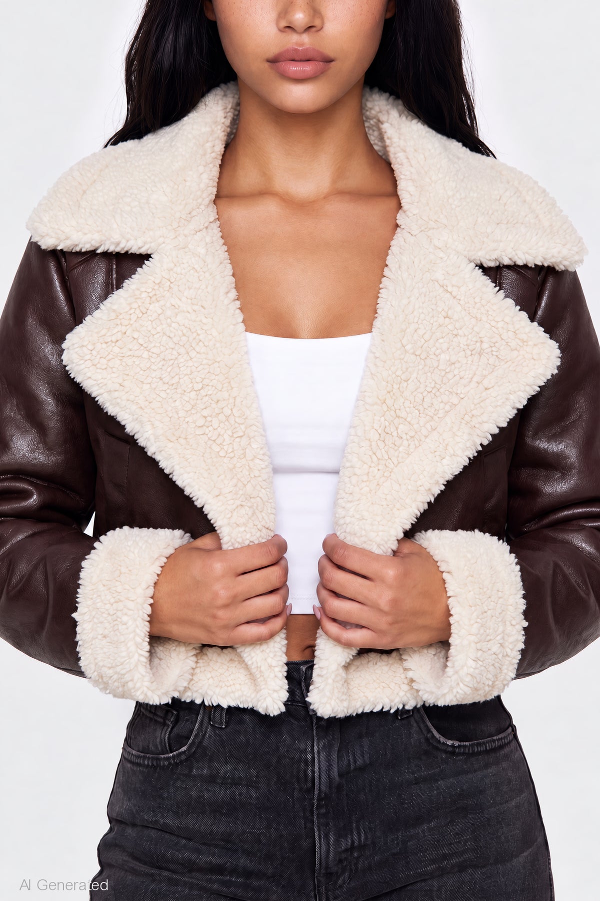Alt View 4. Sherpa Trim Faux Leather Jacket - Brown