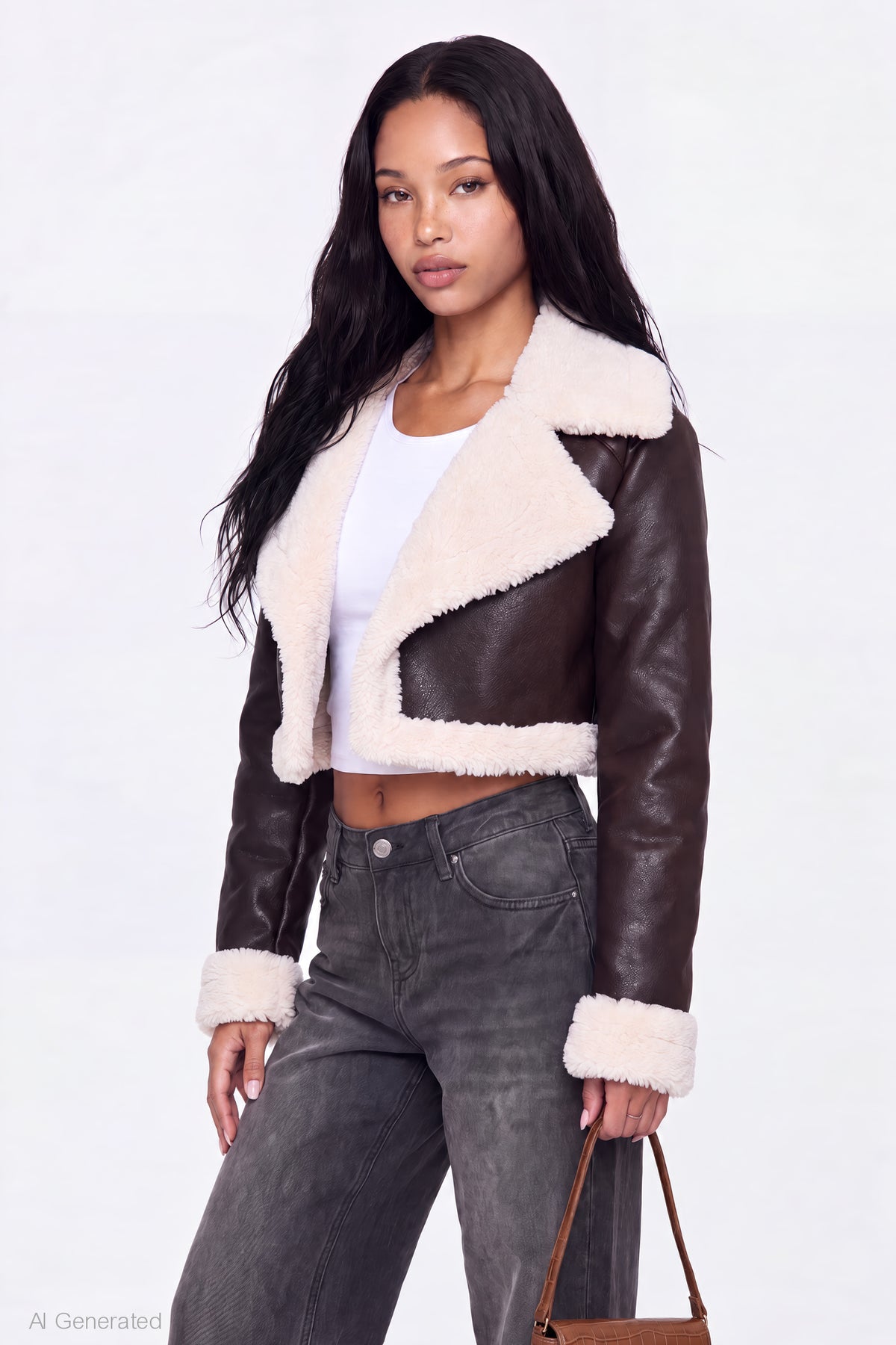 Sherpa Trim Faux Leather Jacket - Brown
