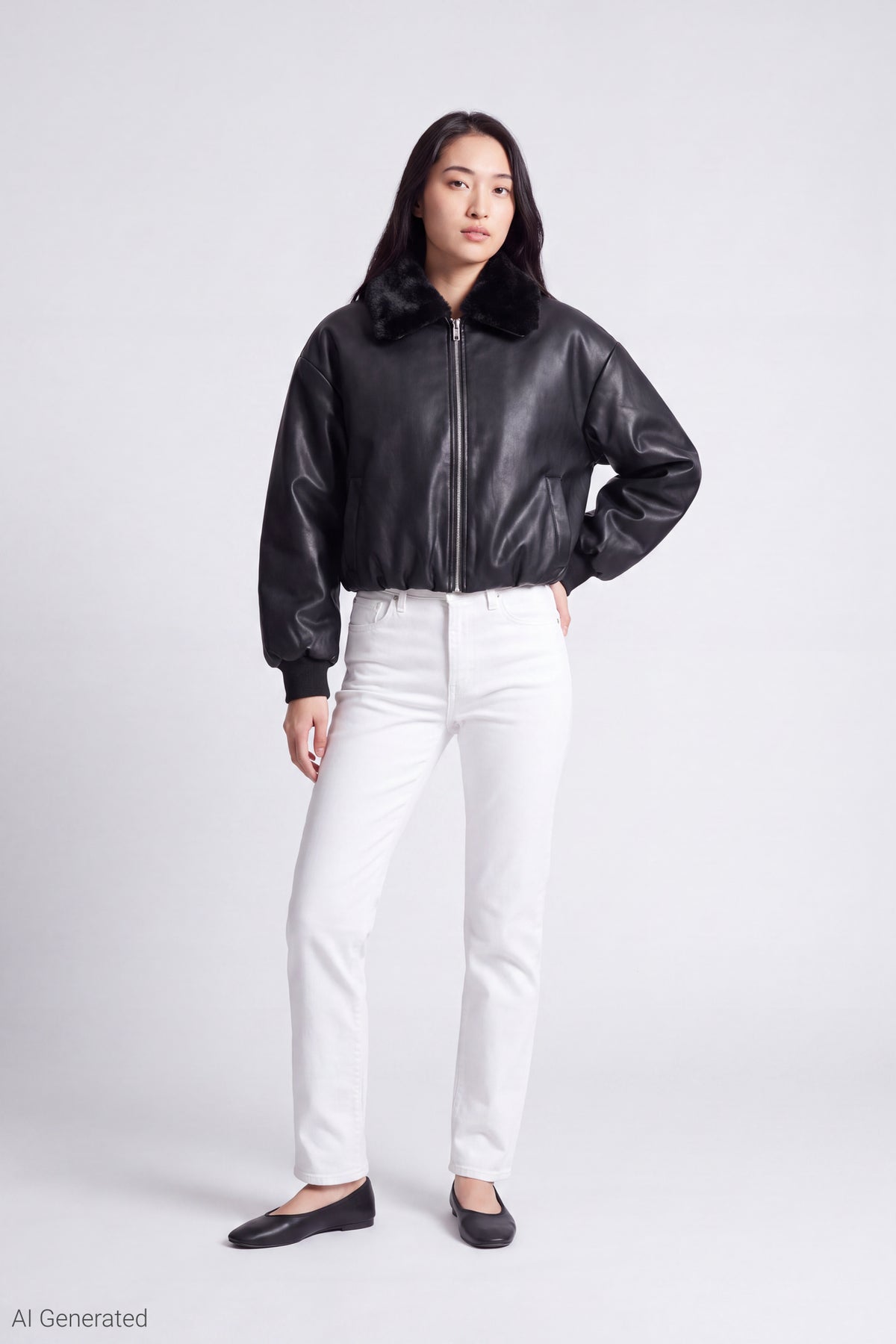 Alt View 2. Faux Fur Collar Faux Leather Bomber Jacket - Black