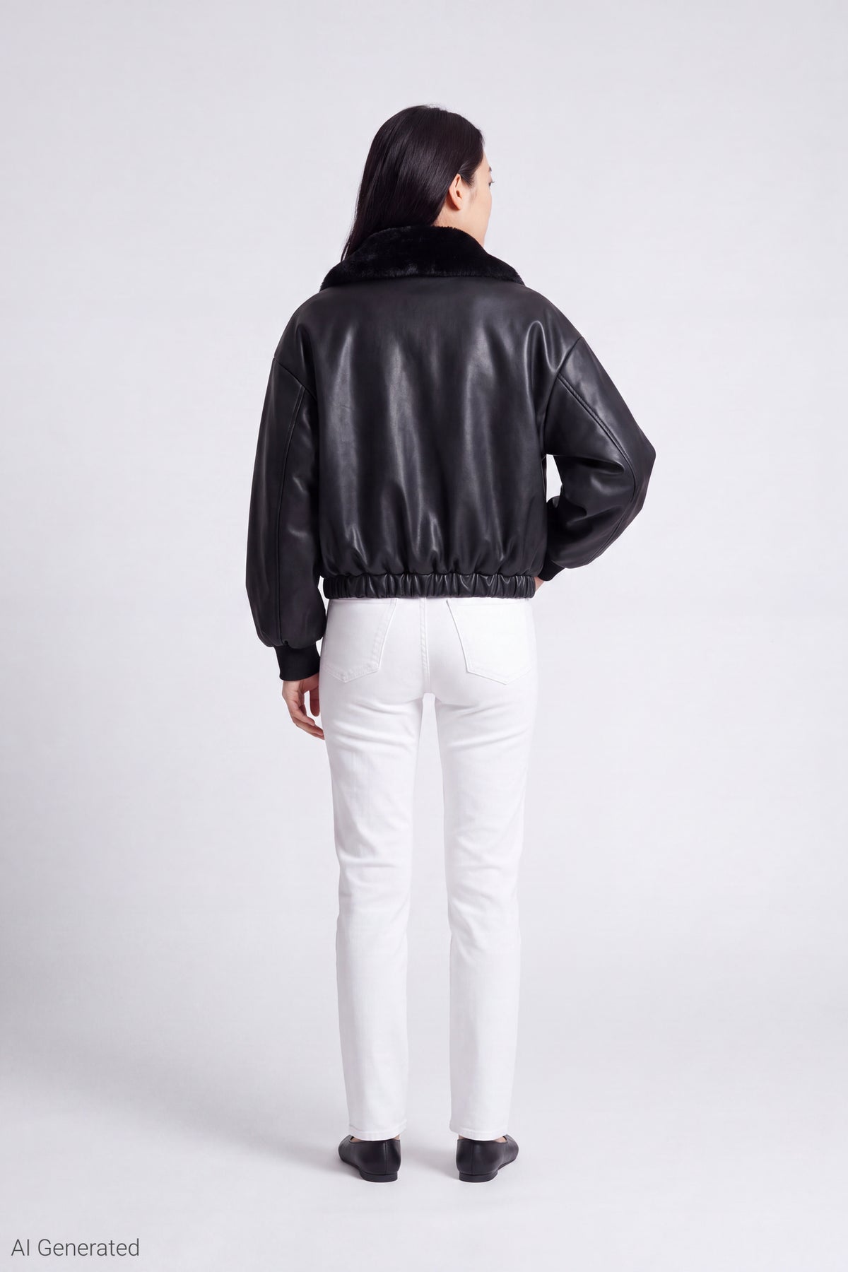 Alt View 3. Faux Fur Collar Faux Leather Bomber Jacket - Black