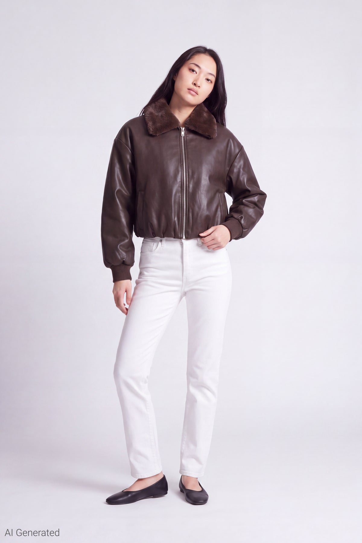 Alt View 2. Faux Fur Collar Faux Leather Bomber Jacket - Brown