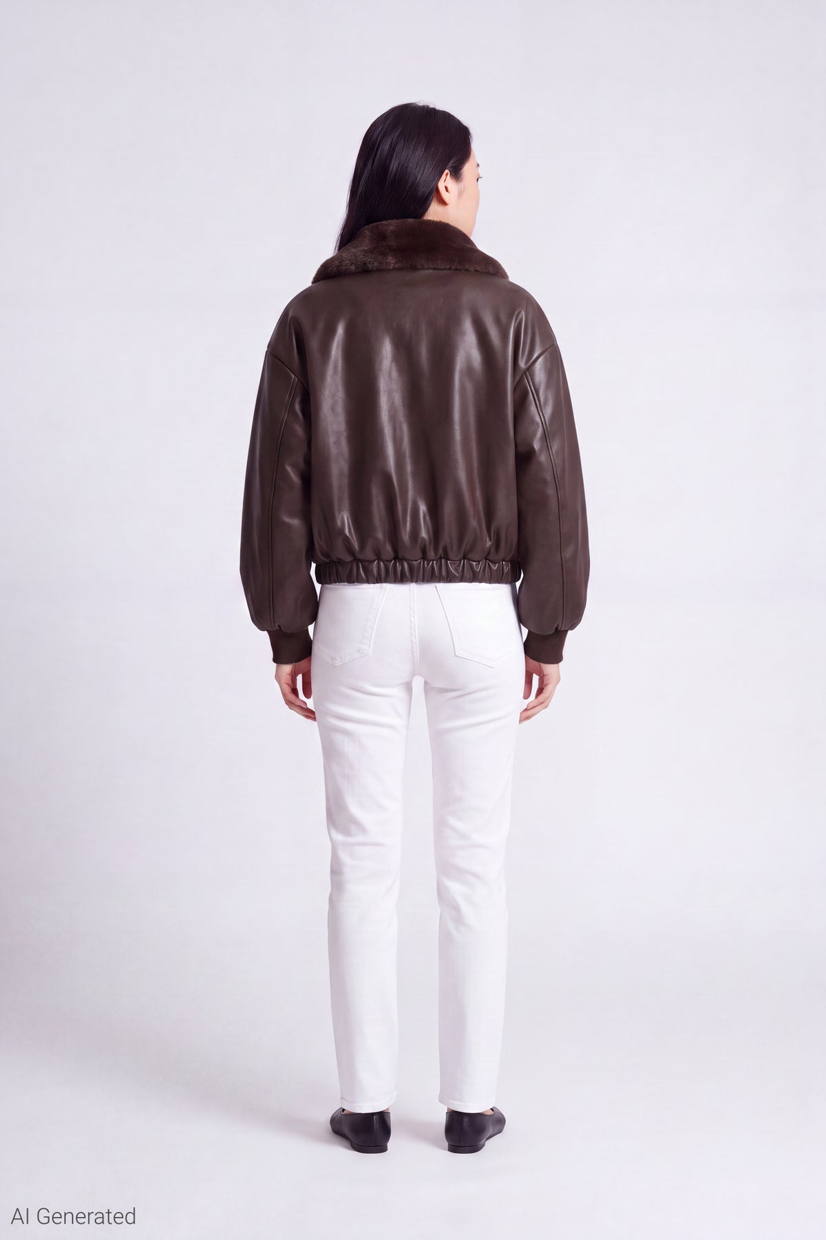 Alt View 3. Faux Fur Collar Faux Leather Bomber Jacket - Brown