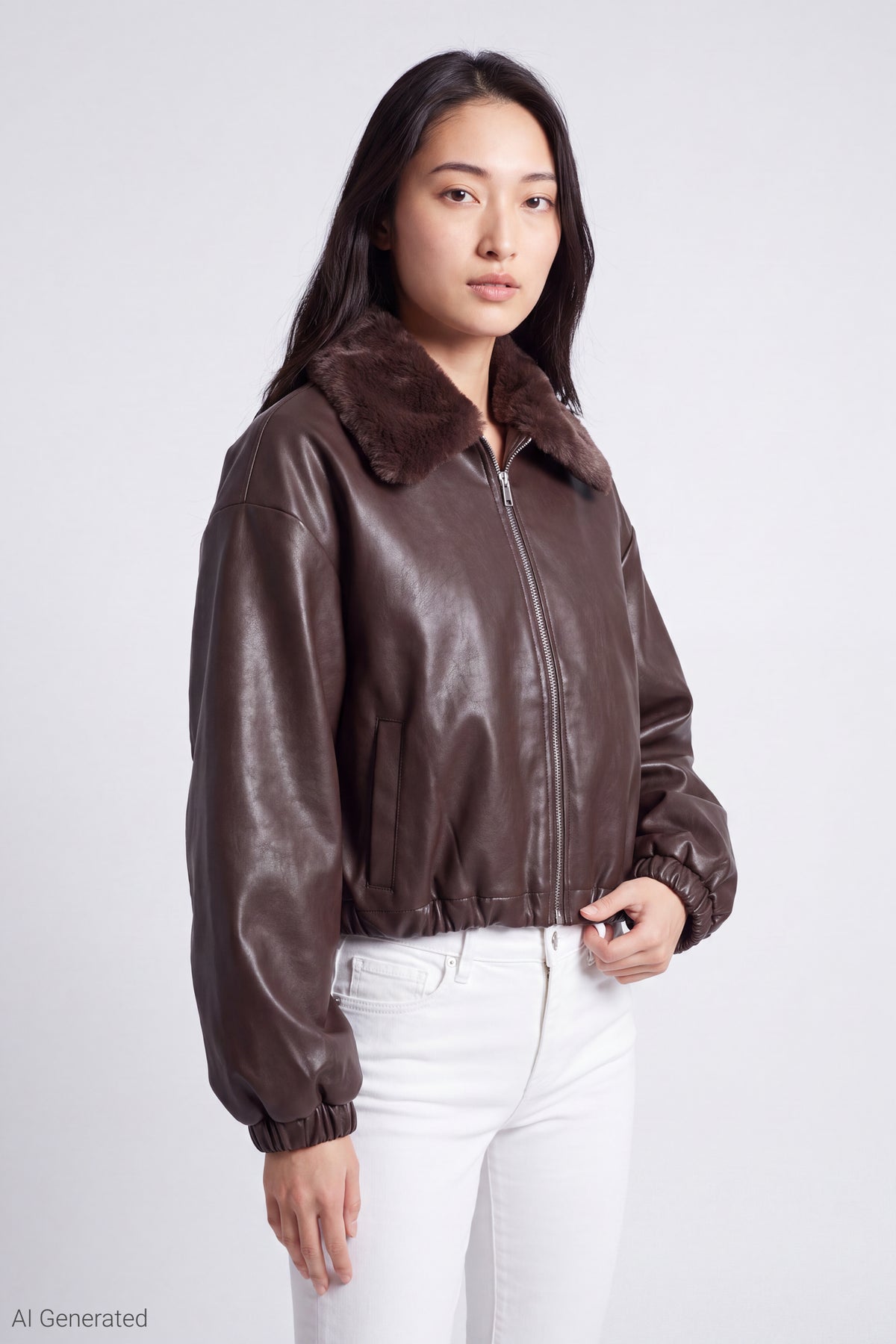 Faux Fur Collar Faux Leather Bomber Jacket - Brown