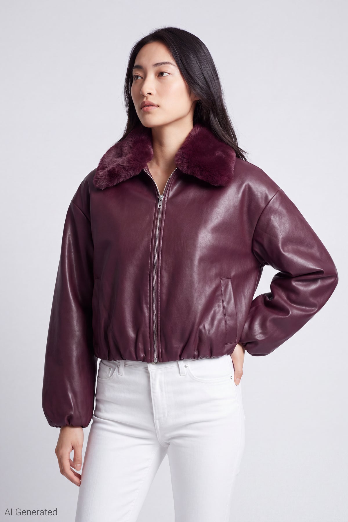 Faux Fur Collar Faux Leather Bomber Jacket - Dark Purple