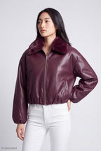 Faux Fur Collar Faux Leather Bomber Jacket
