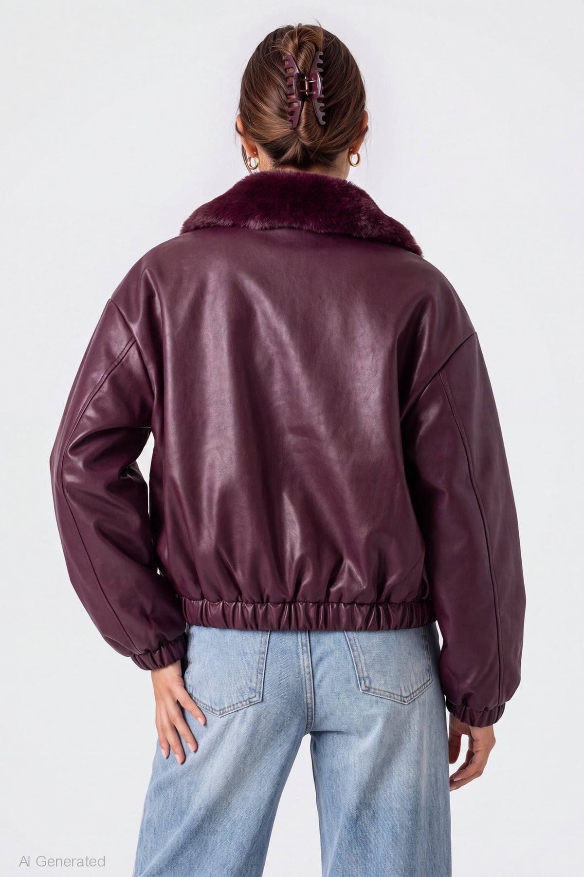 Alt View 2. Faux Fur Collar Faux Leather Bomber Jacket - Dark Purple