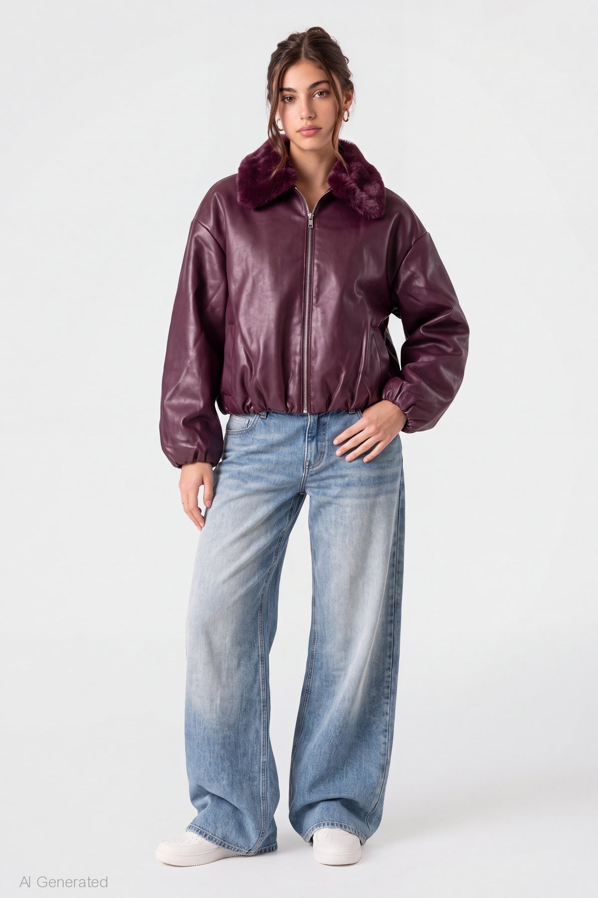 Alt View 3. Faux Fur Collar Faux Leather Bomber Jacket - Dark Purple