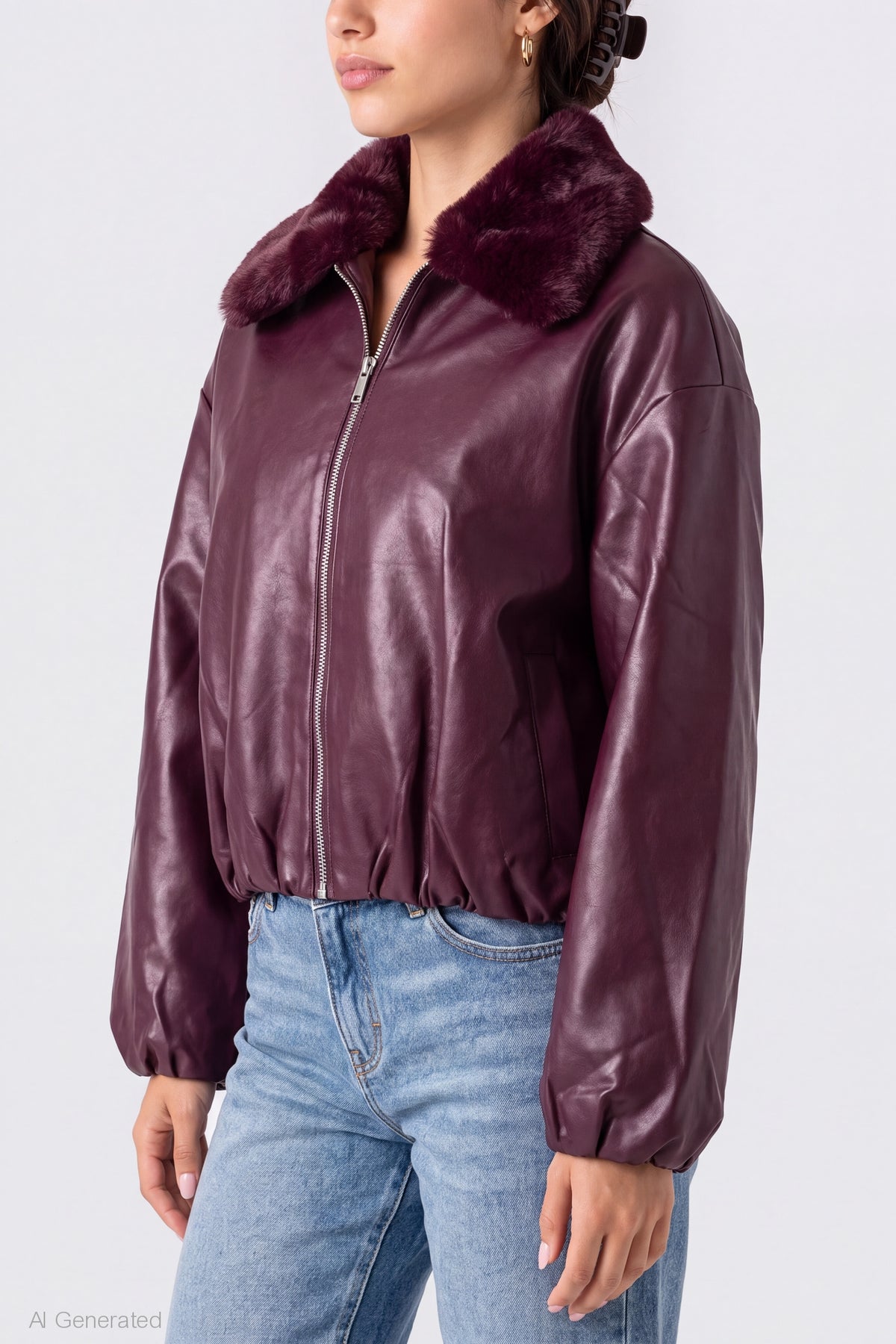 Alt View 4. Faux Fur Collar Faux Leather Bomber Jacket - Dark Purple