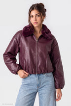 Faux Fur Collar Faux Leather Bomber Jacket