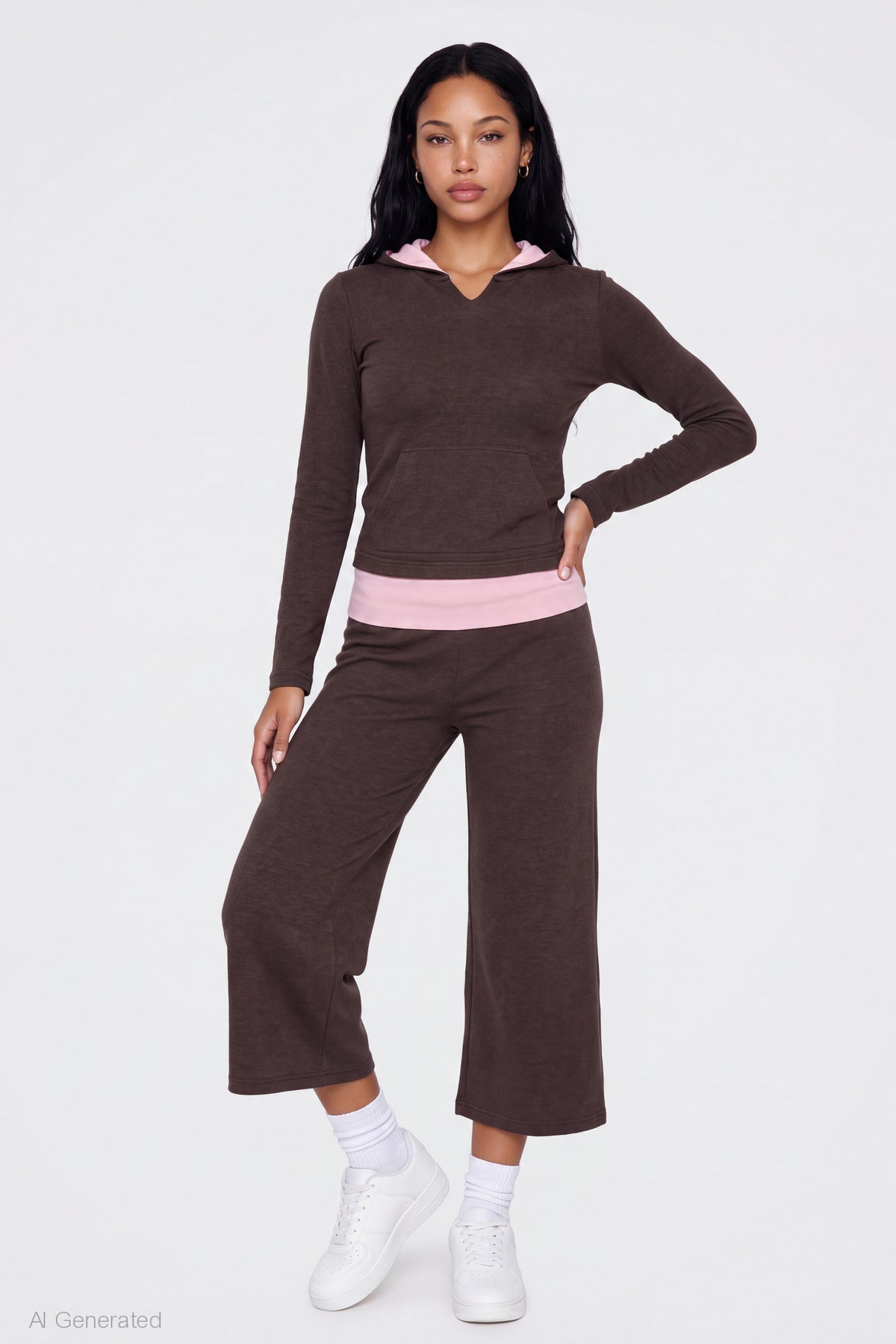 Alt View 3. Contrast Trim Hoodie - Brown