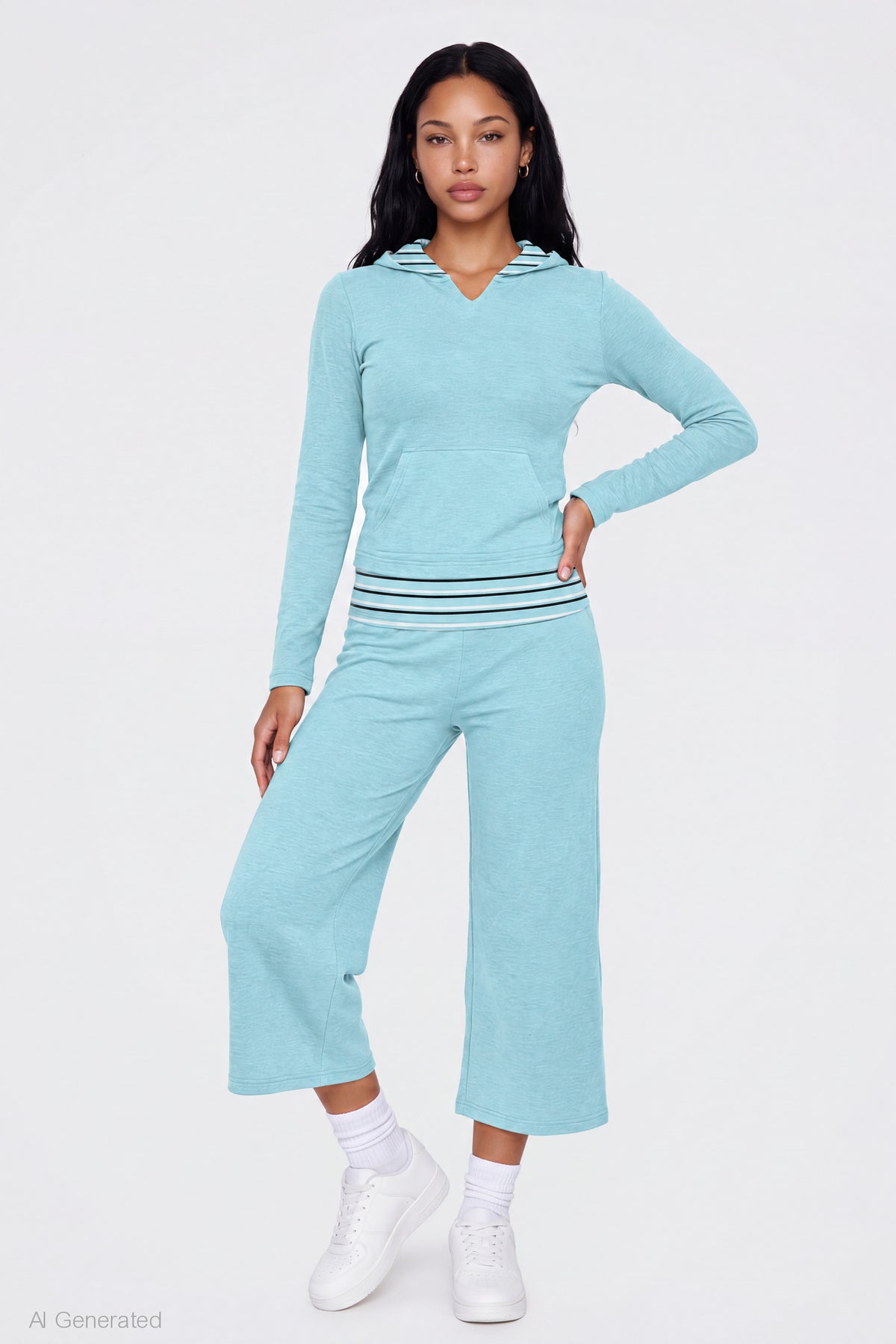 Alt View 3. Contrast Trim Hoodie - Turquoise