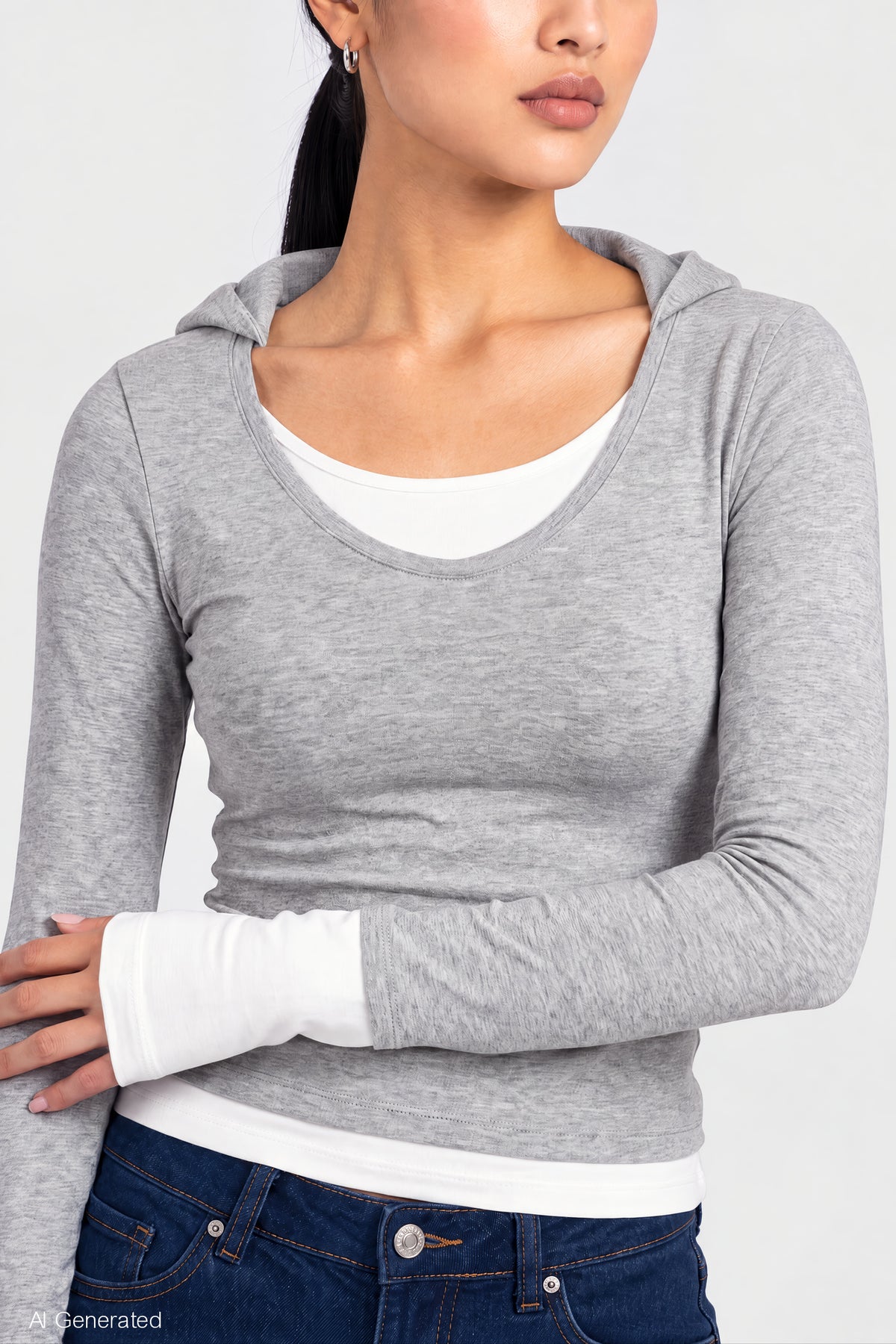 Alt View 4. Layered Hoodie - Heather Grey
