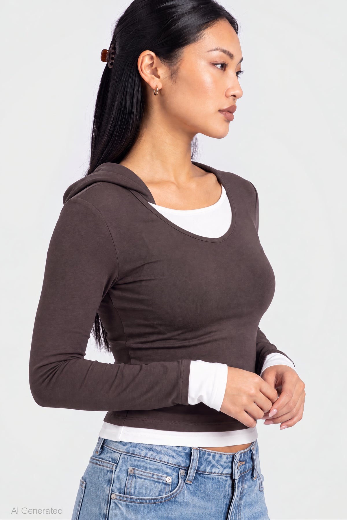 Alt View 4. Layered Hoodie - Brown