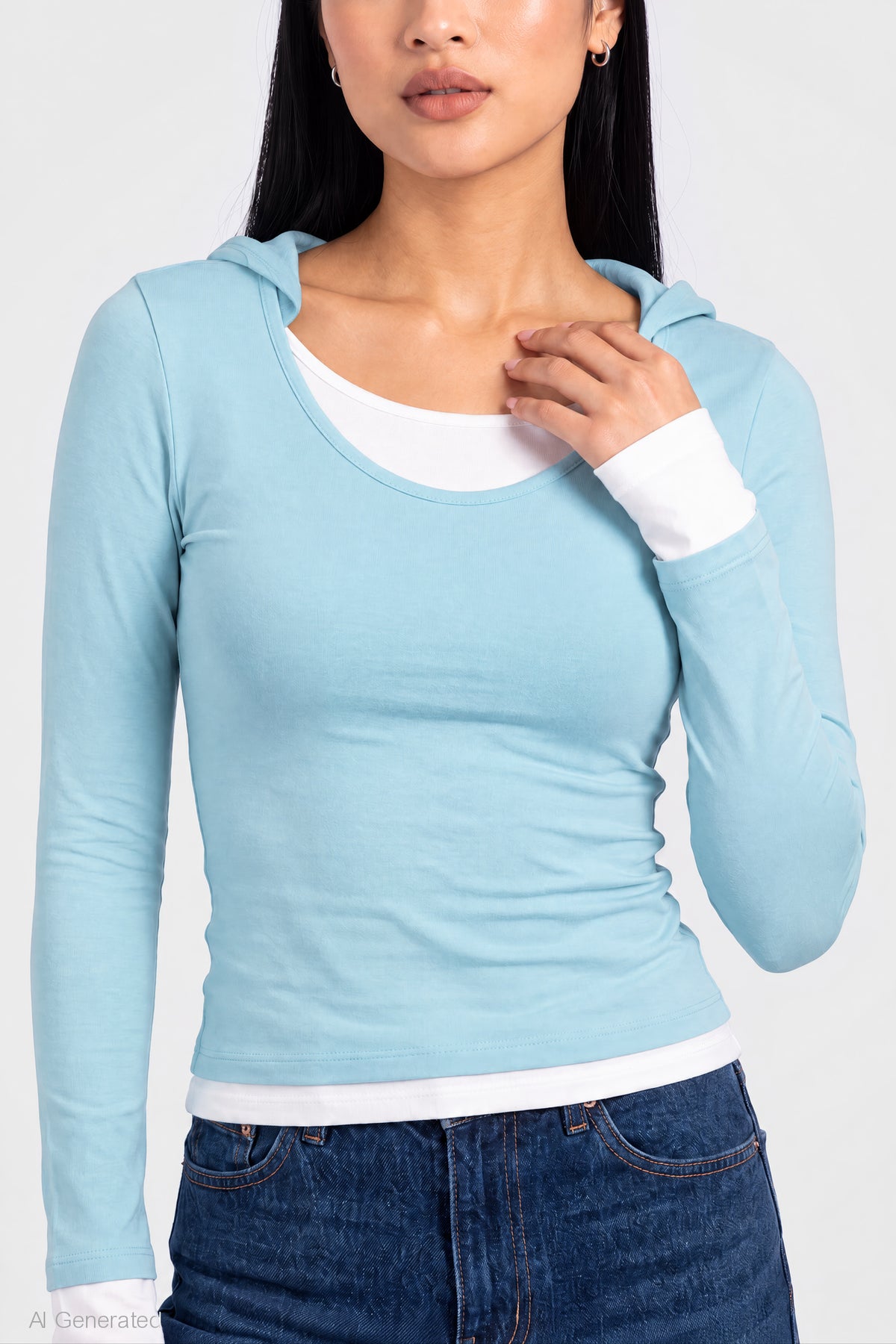 Alt View 4. Layered Hoodie - Turquoise