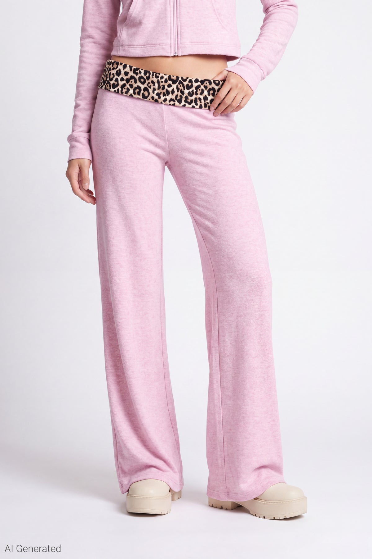 Alt View 3. Contrast Foldover Waist Wide Leg Pant - Pink
