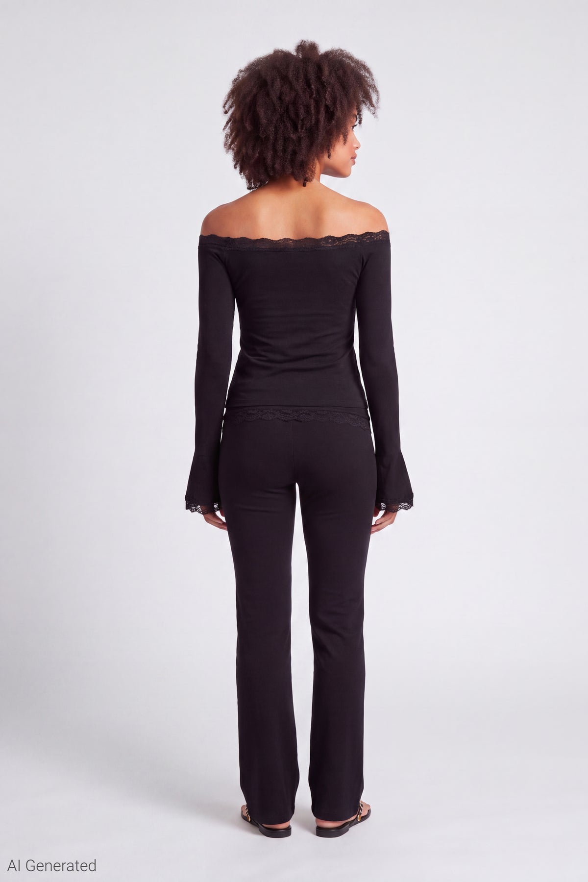 Alt View 3. Off Shoulder Long Sleeve Lace Trim Top - Black