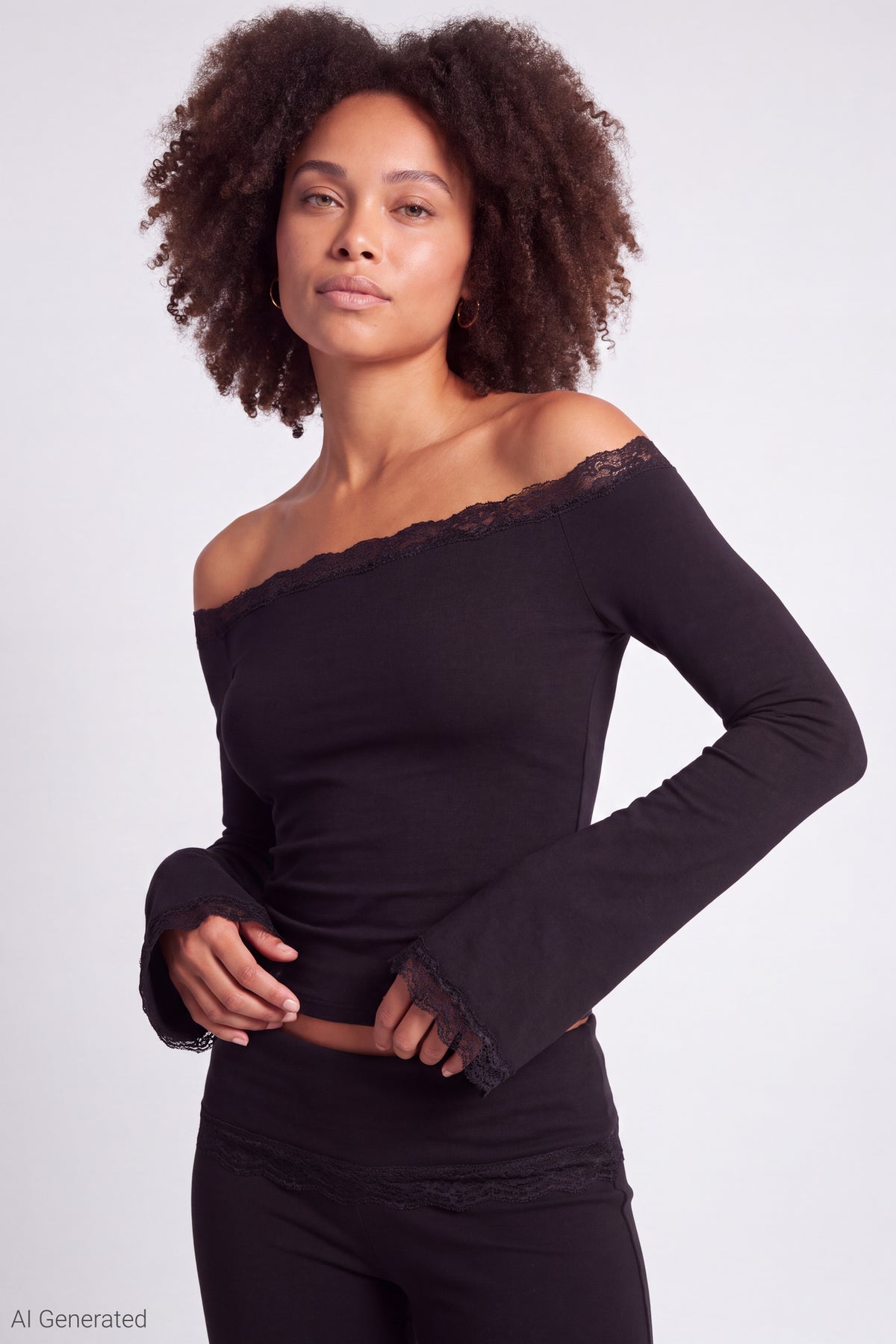 Off Shoulder Long Sleeve Lace Trim Top - Black