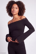 Off Shoulder Long Sleeve Lace Trim Top