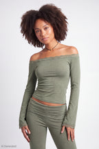 Off Shoulder Long Sleeve Lace Trim Top
