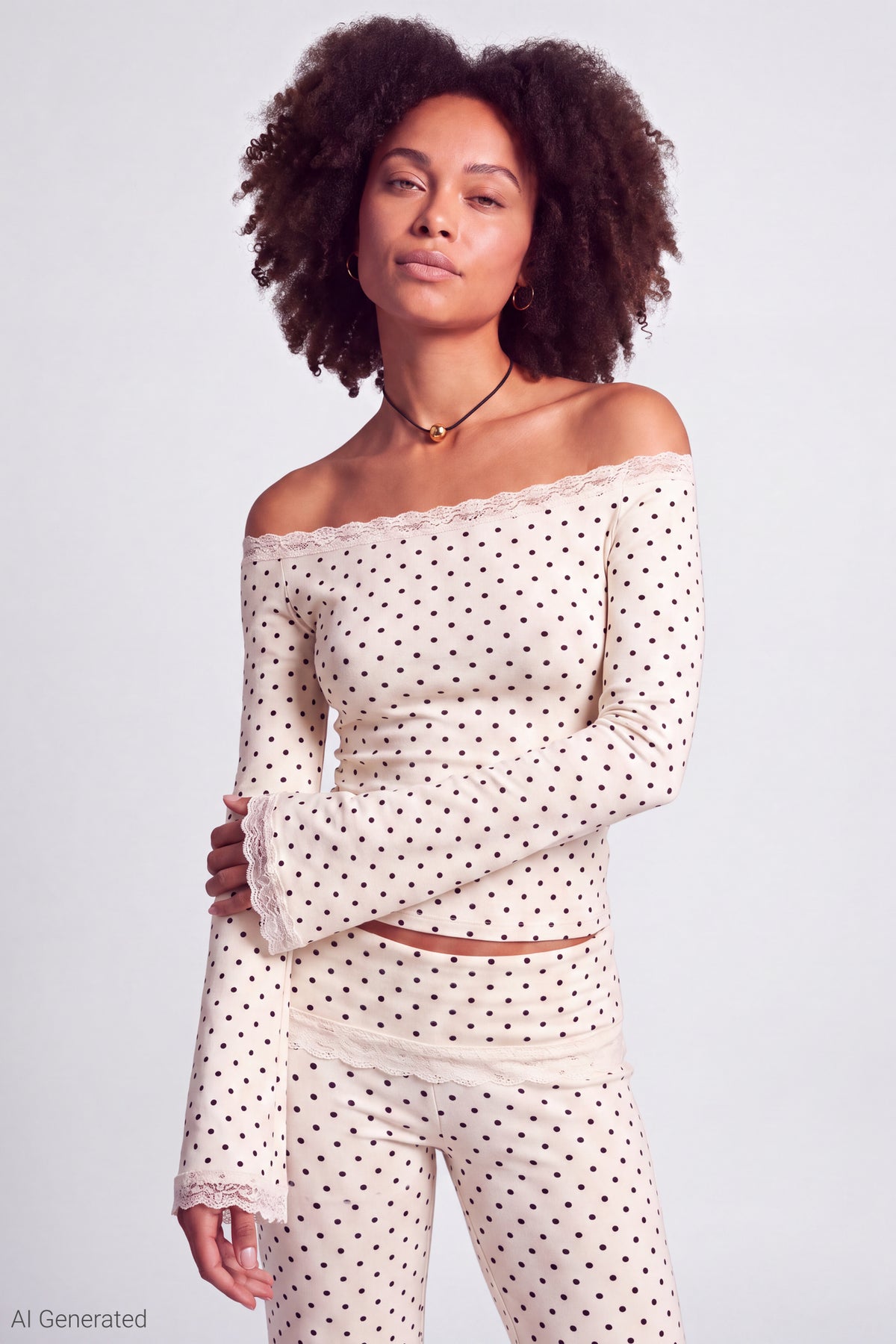 Off Shoulder Long Sleeve Lace Trim Top - Ivory