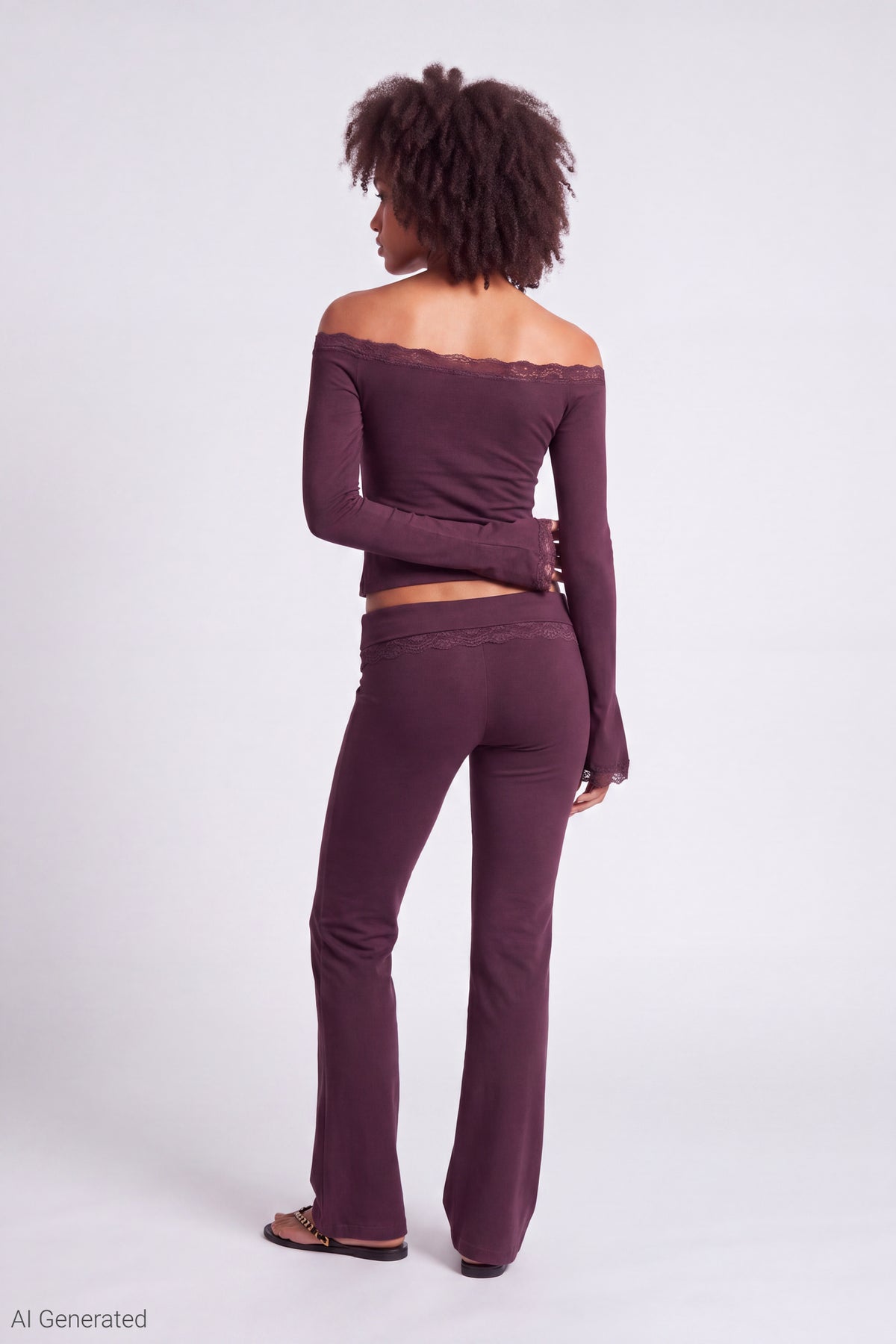 Alt View 3. Off Shoulder Long Sleeve Lace Trim Top - Burgundy