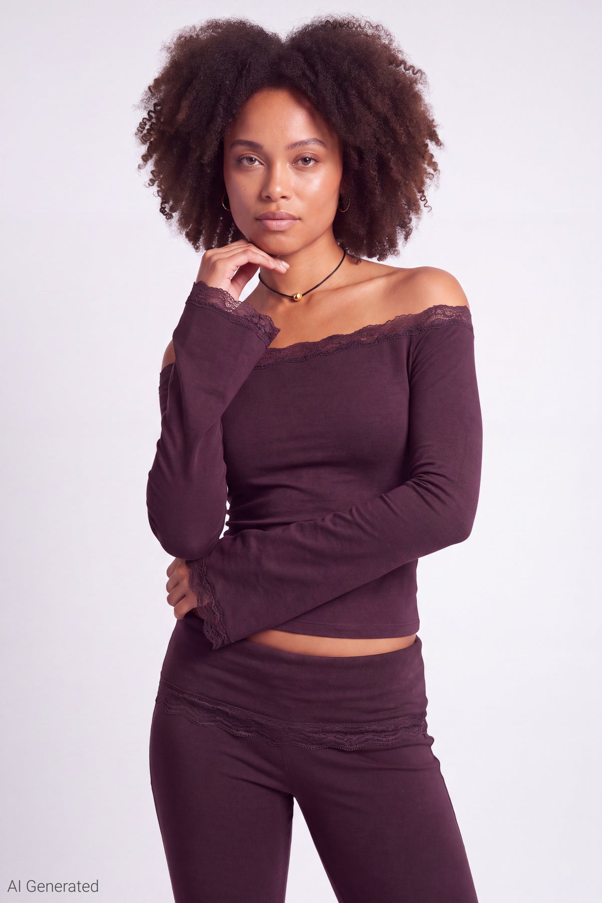 Off Shoulder Long Sleeve Lace Trim Top - Burgundy