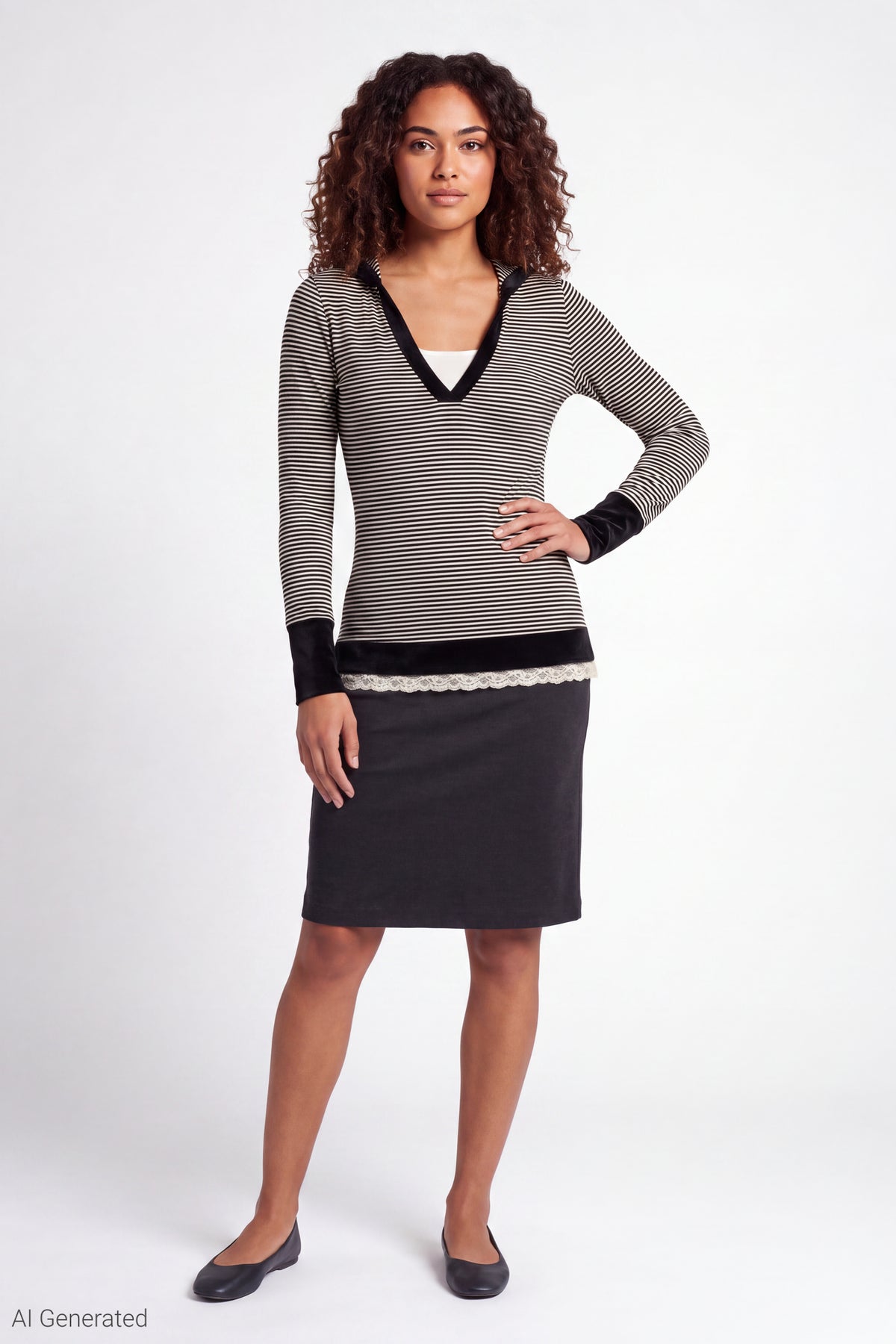 Alt View 2. Hooded Long Sleeve Top - Black with White