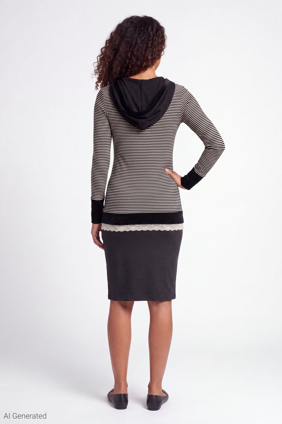 Alt View 3. Hooded Long Sleeve Top - Black with White