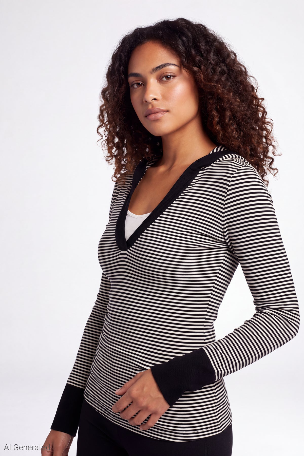 Hooded Long Sleeve Top - Black with White