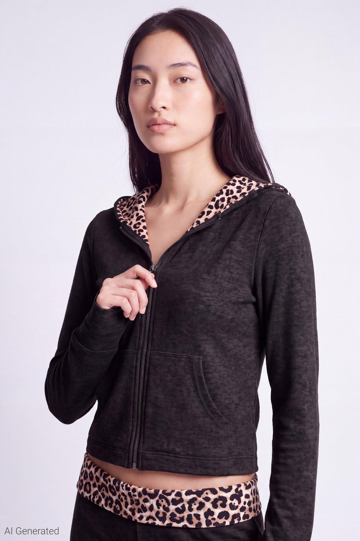 Contrast Zip Hoodie - Black