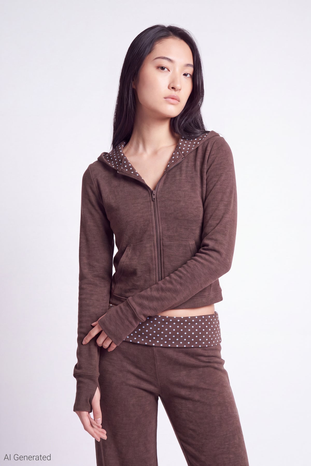 Contrast Zip Hoodie - Brown