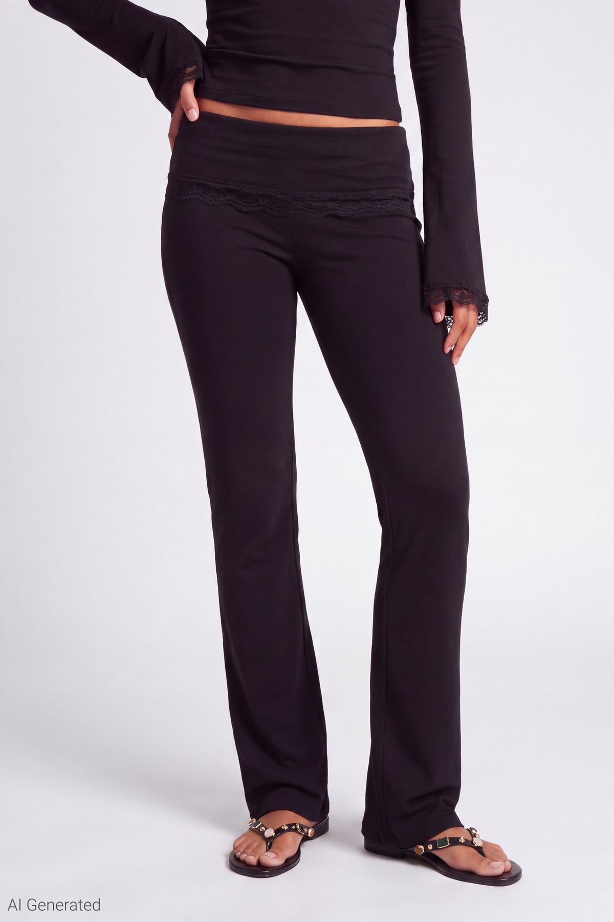 Alt View 3. Foldover Lace Trim Pant - Black