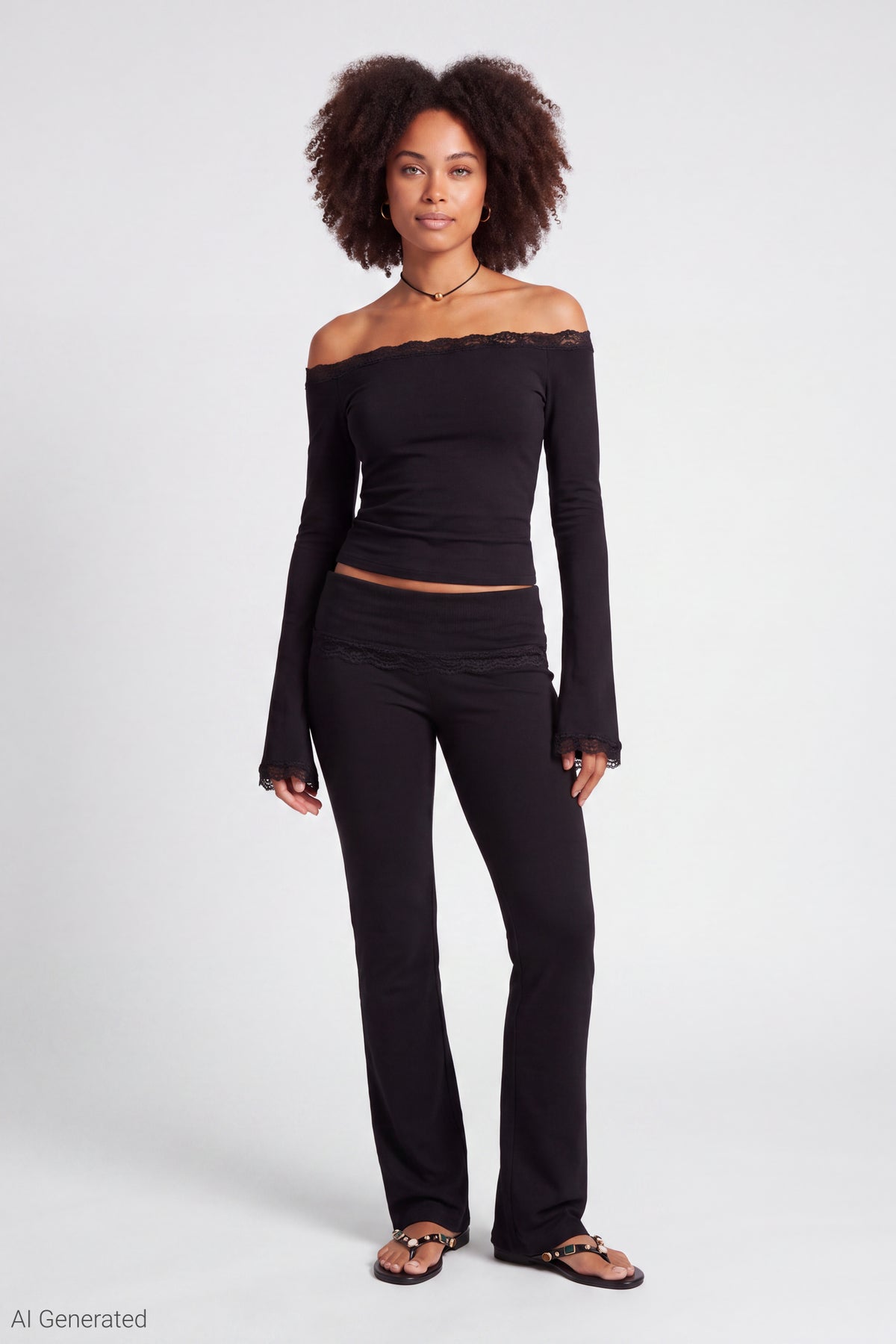 Foldover Lace Trim Pant - Black