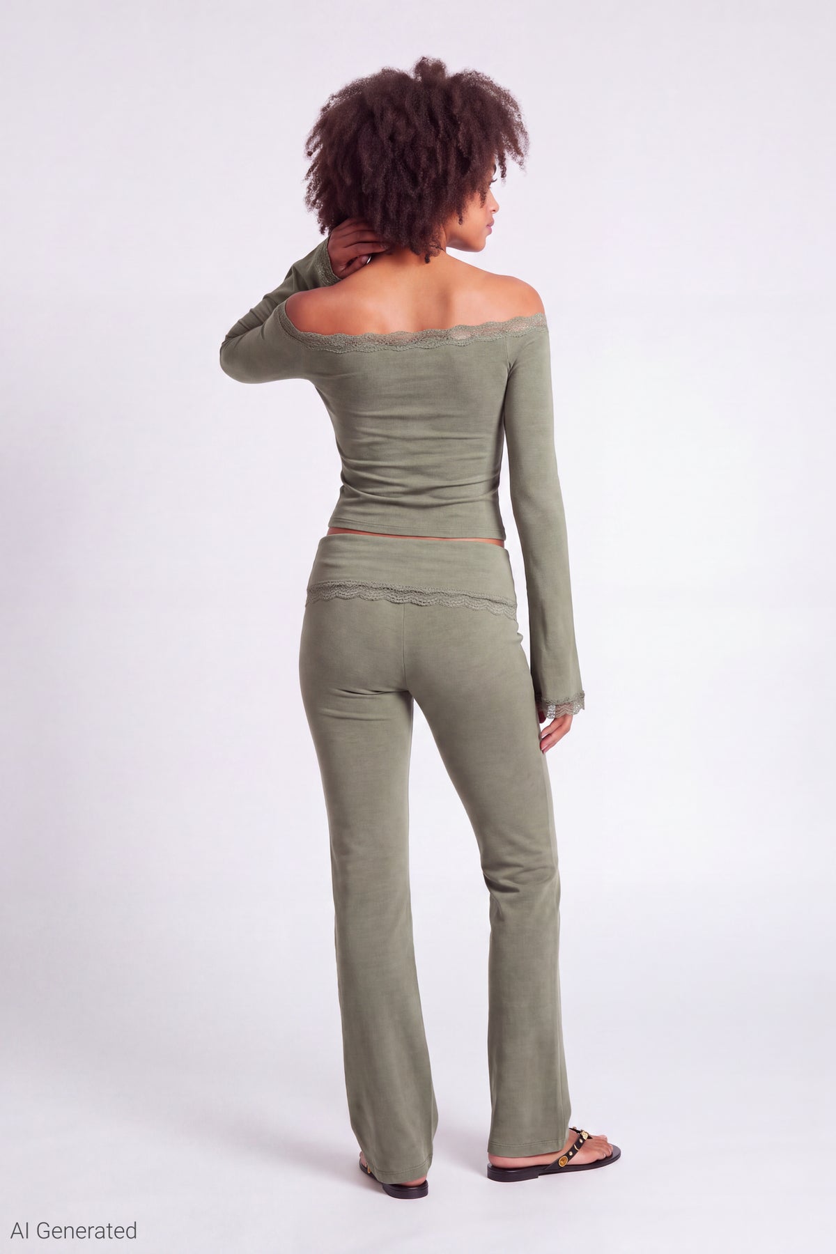 Alt View 2. Foldover Lace Trim Pant - Dark Green