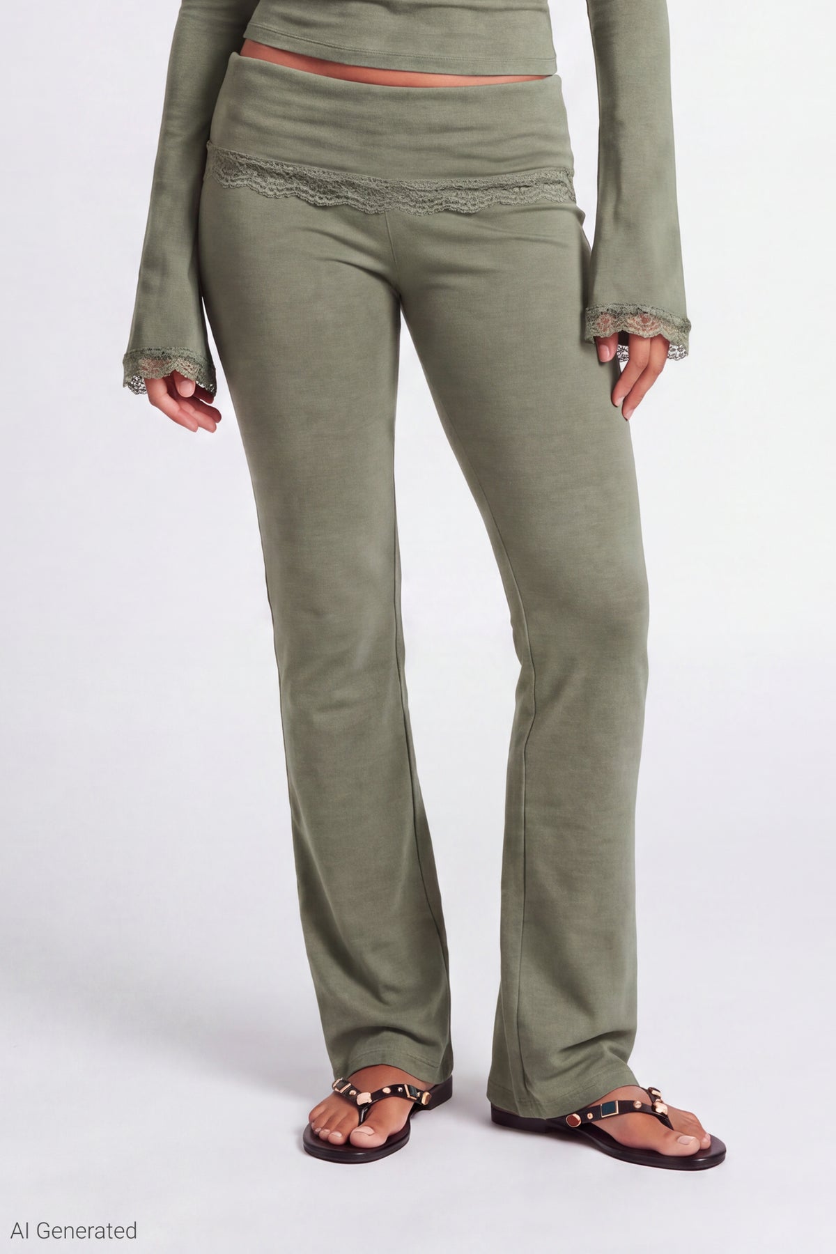 Alt View 3. Foldover Lace Trim Pant - Dark Green