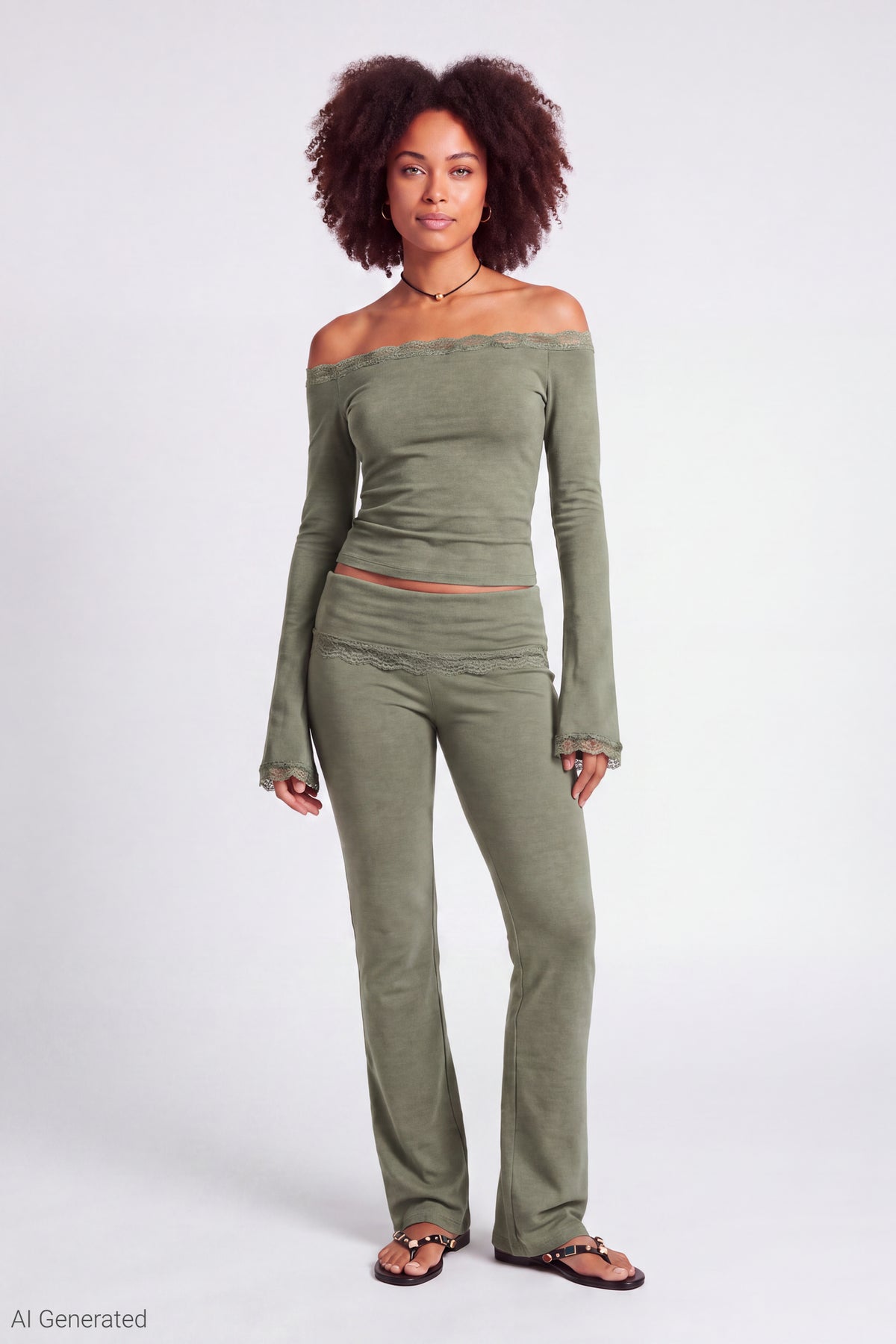 Foldover Lace Trim Pant - Dark Green