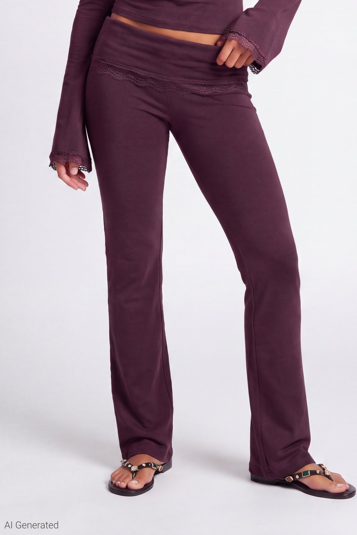 Alt View 3. Foldover Lace Trim Pant - Burgundy