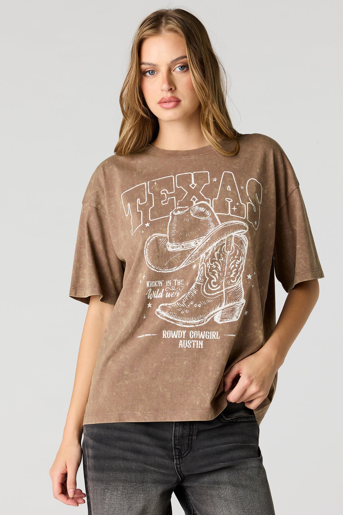 Graphic Washed Boyfriend T-Shirt - Brown