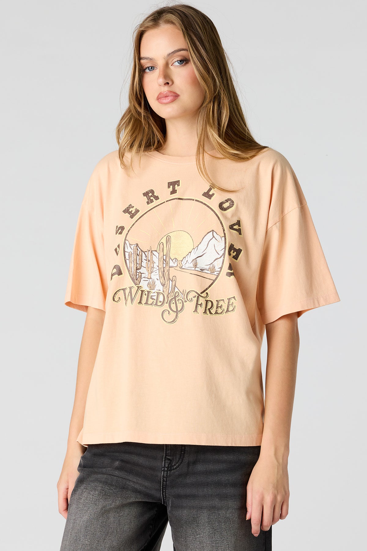 Graphic Washed Boyfriend T-Shirt - Coral