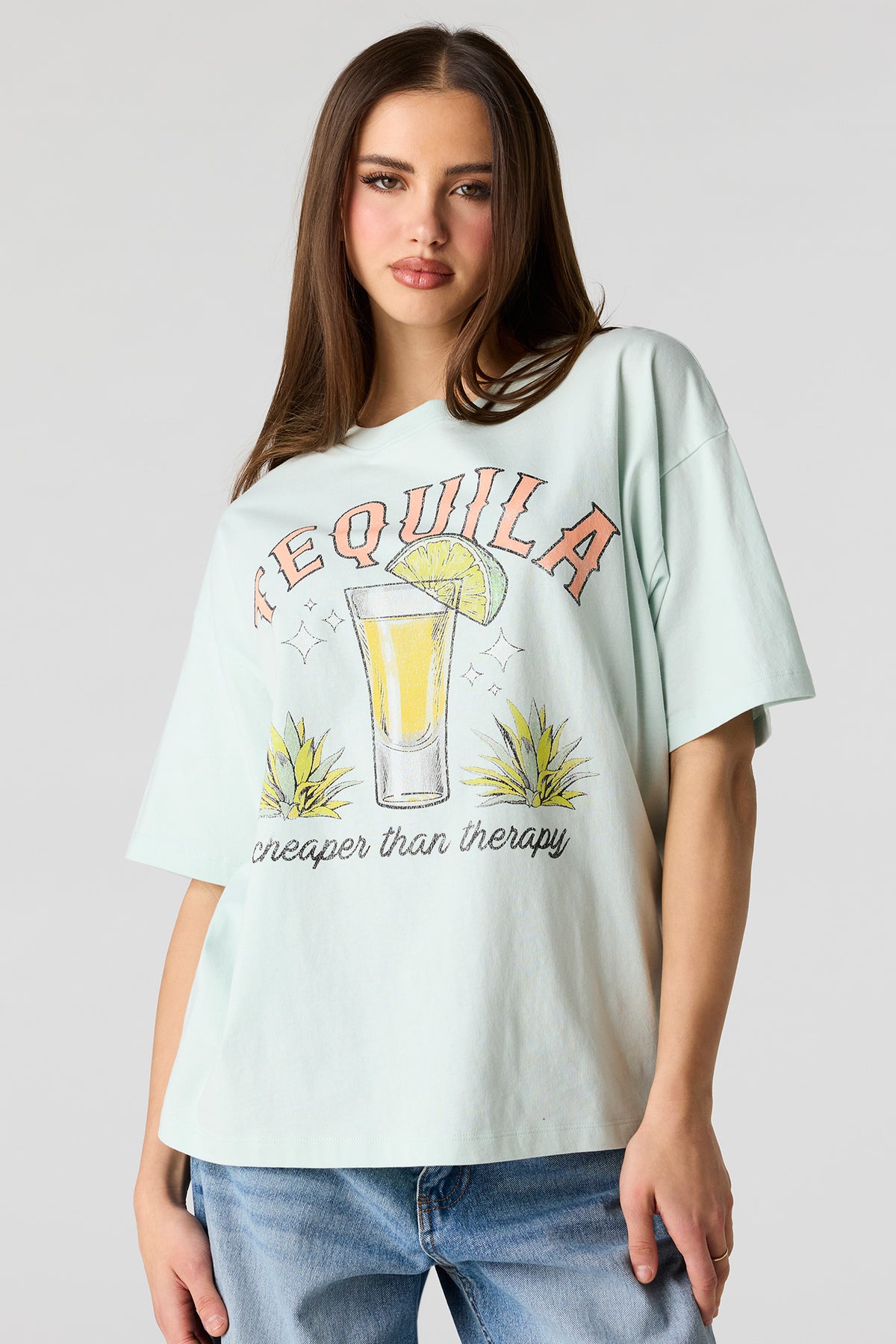 Cocktail Graphic Boyfriend T-Shirt - Light Blue