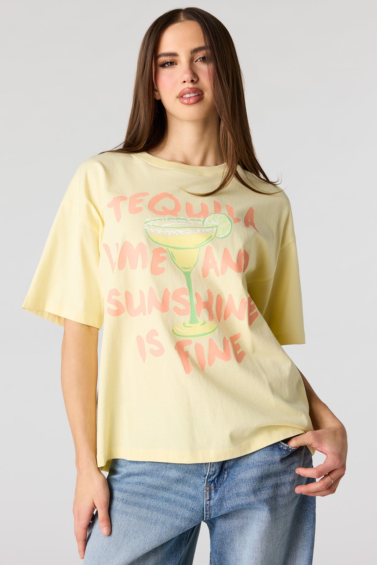 Cocktail Graphic Boyfriend T-Shirt - Yellow