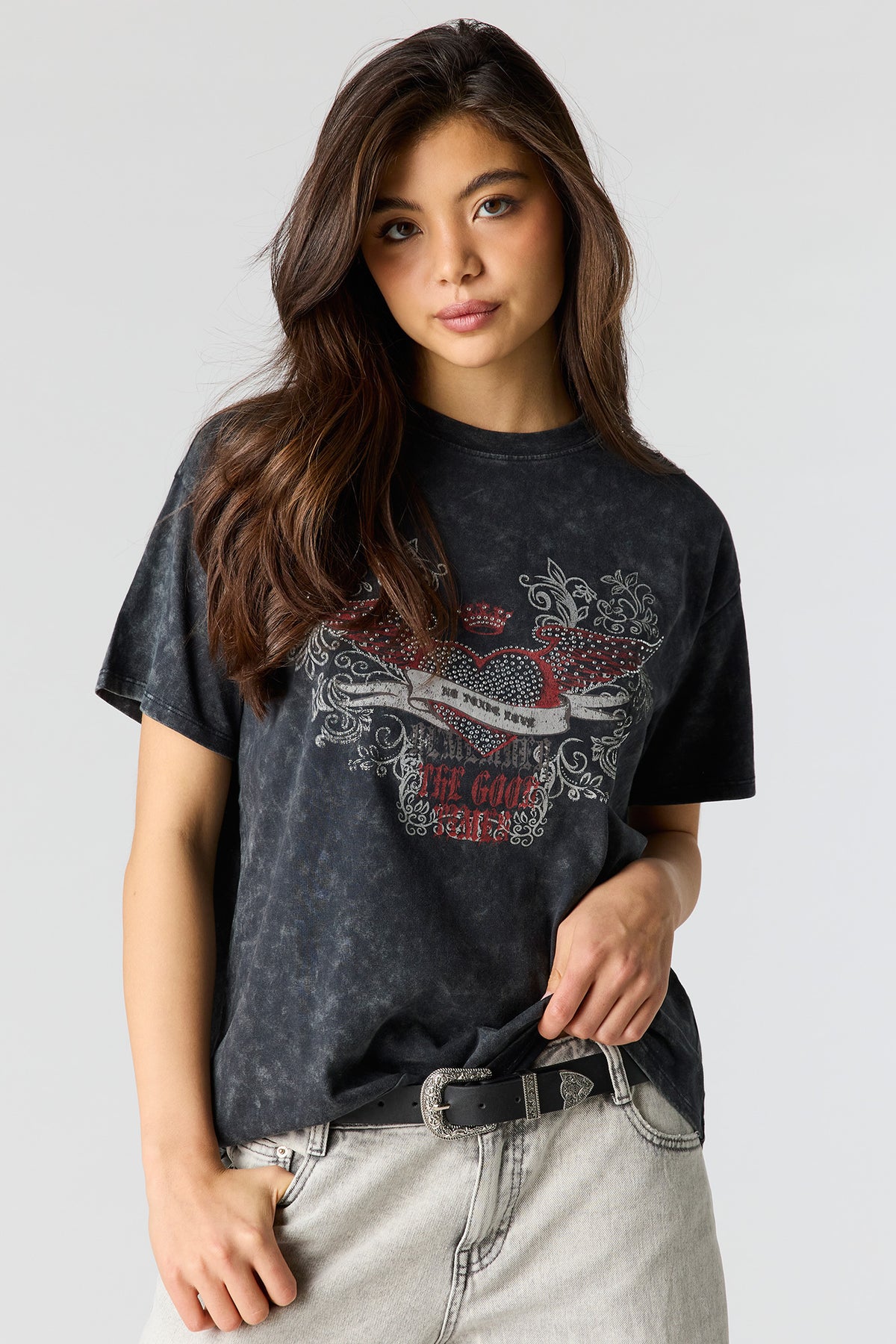 Rhinestone Graphic Washed Boyfriend T-Shirt - Jet Black