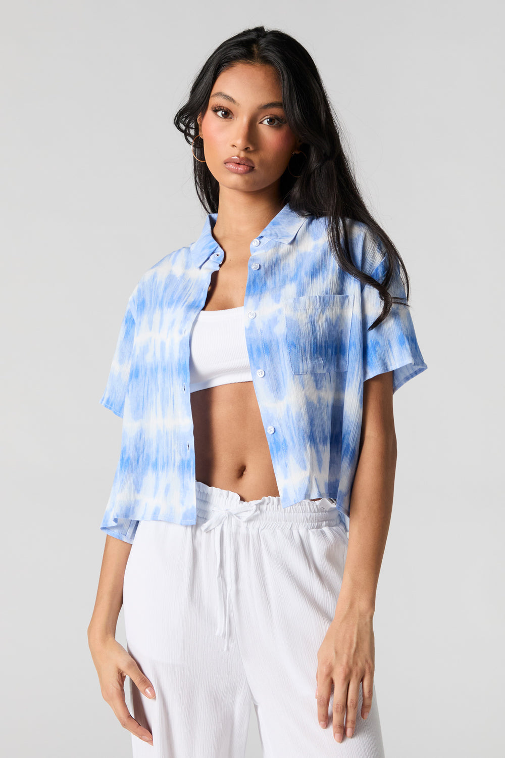 Tie Dye Print Textured Cropped Button-Up Top Tie Dye Print Textured Cropped Button-Up Top 1