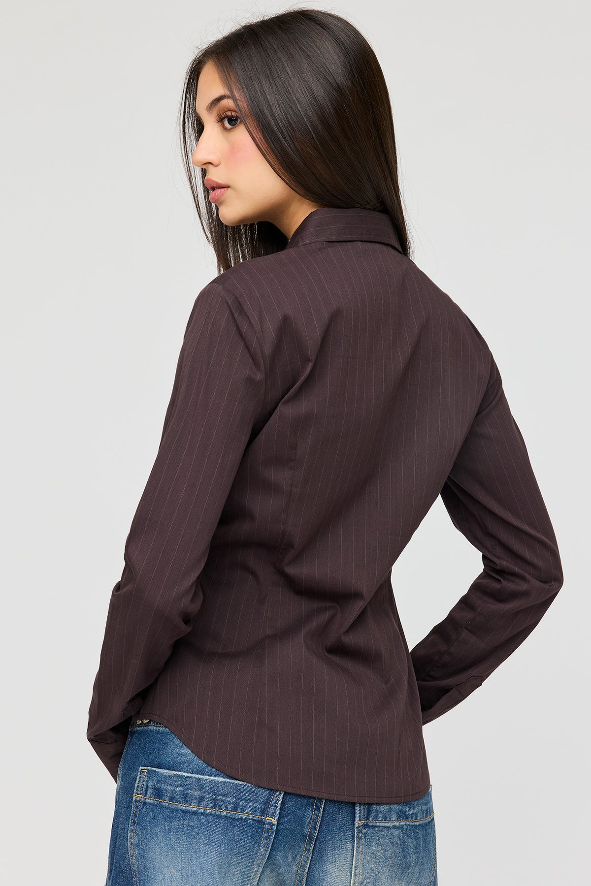 Alt View 2. Buttoned Long Sleeve Slim Fit Top - Brown