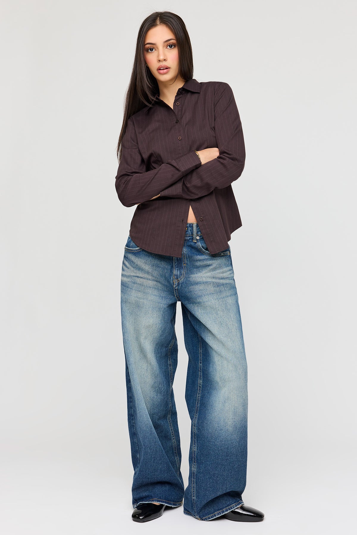Alt View 3. Buttoned Long Sleeve Slim Fit Top - Brown