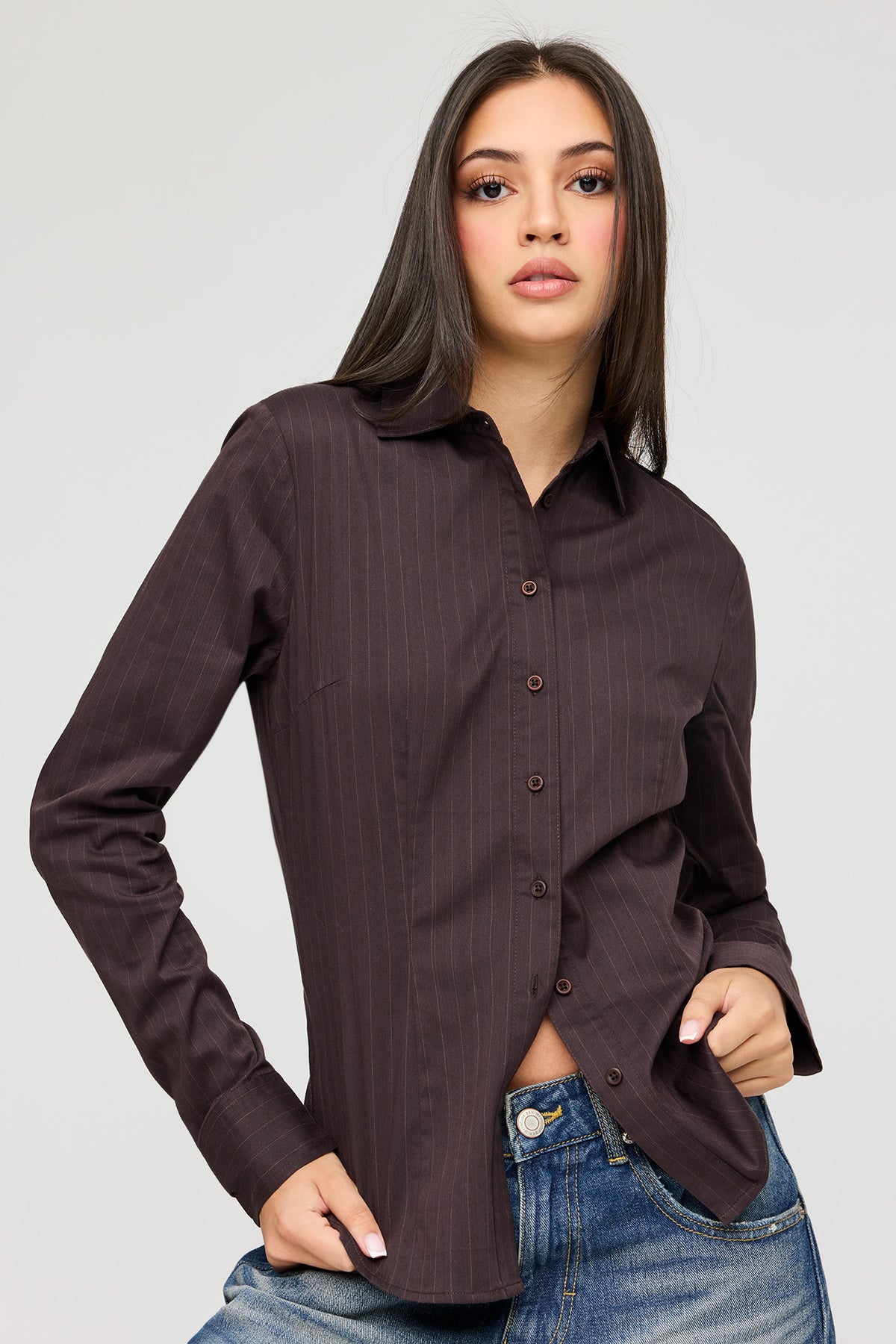 Buttoned Long Sleeve Slim Fit Top - Brown