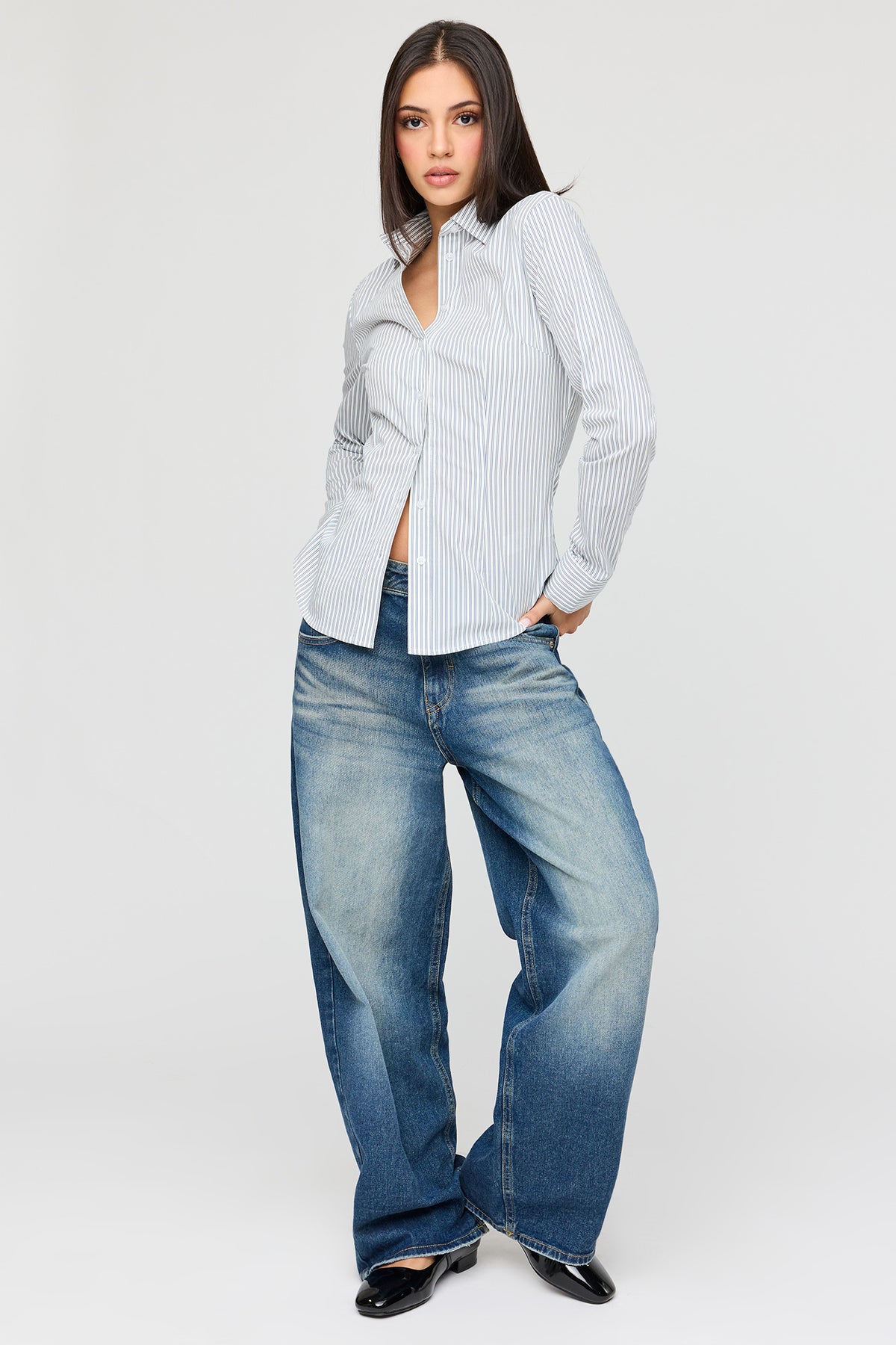 Alt View 3. Buttoned Long Sleeve Slim Fit Top - Light Blue