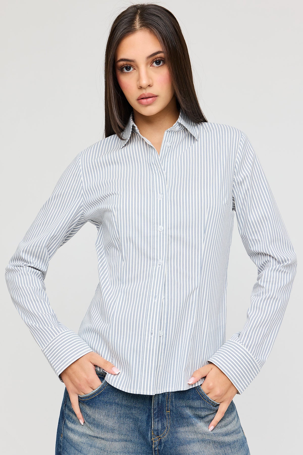 Buttoned Long Sleeve Slim Fit Top - Light Blue