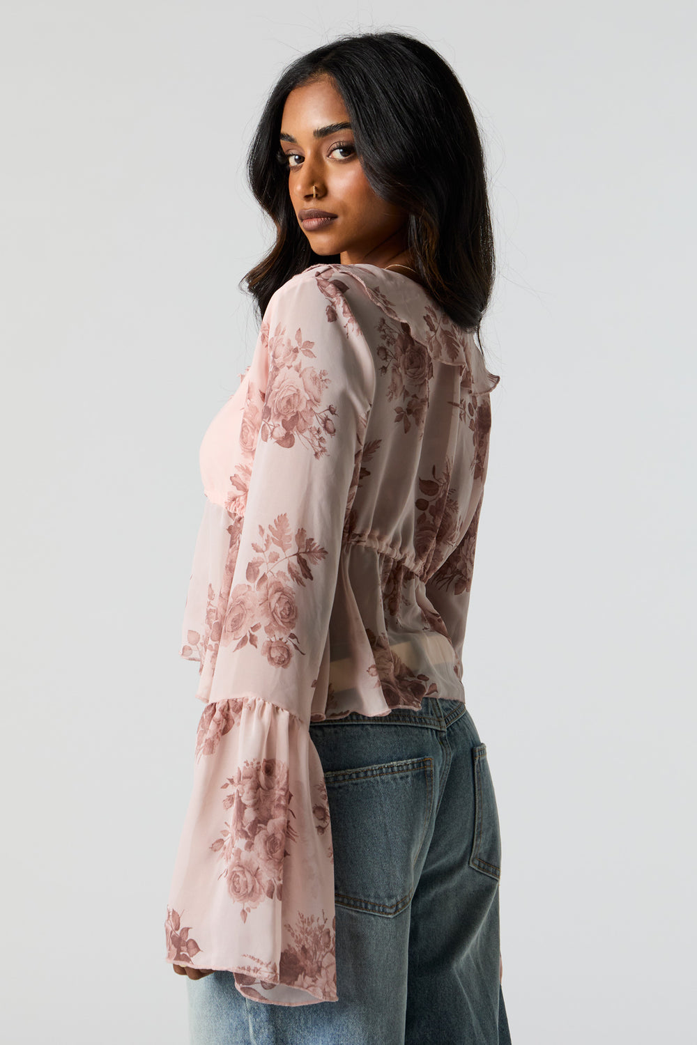 Rose Print Chiffon Front Tie Long Sleeve Top – Charlotte Russe